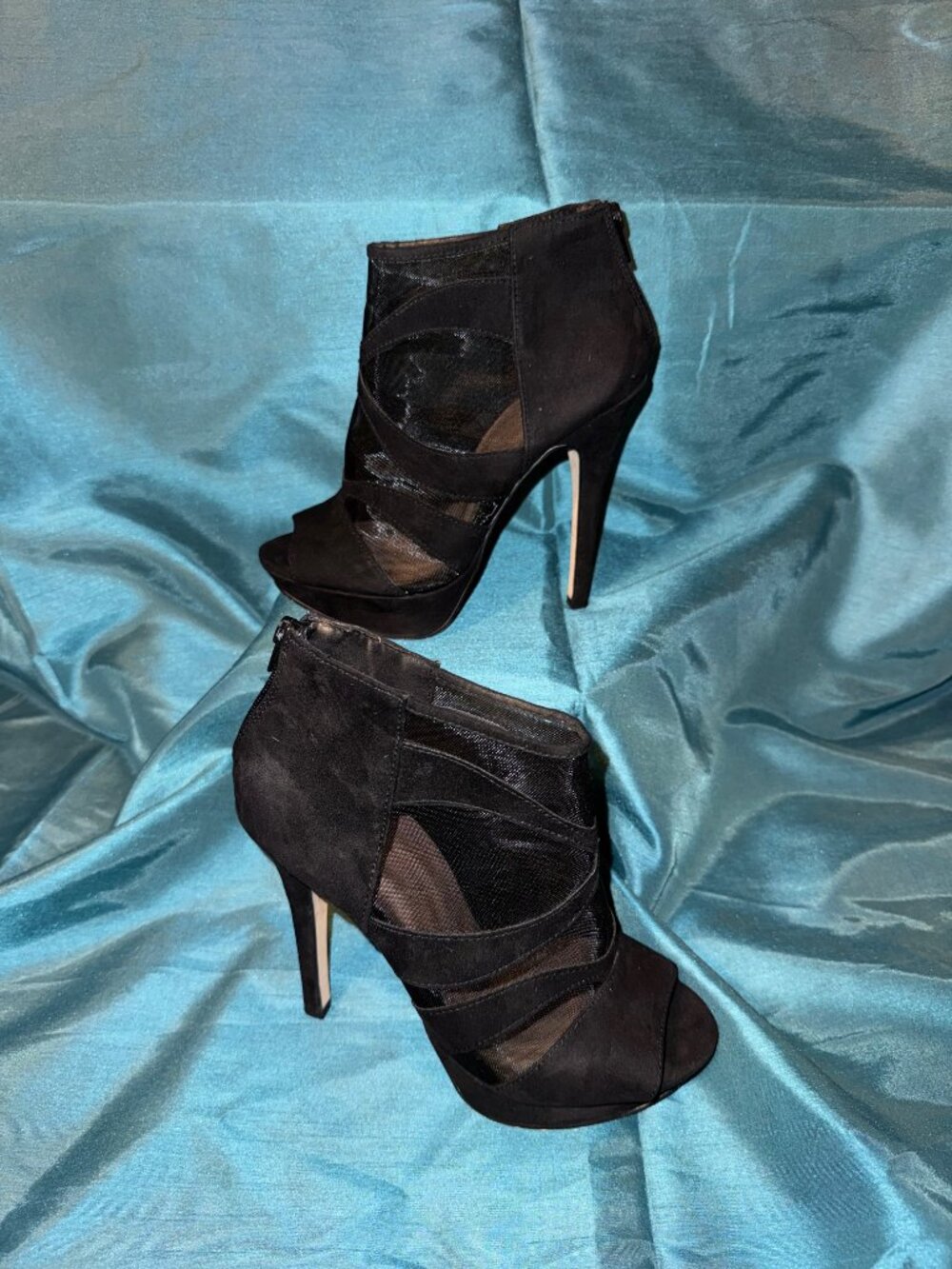 Mix No.6 Abireri black mesh&suede type peep toe stiletto zip up ankle booties